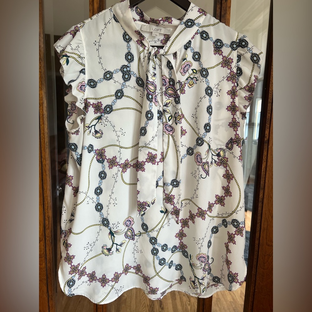 LOFT White Cream Cap Sleeve Blouse with Tie Front